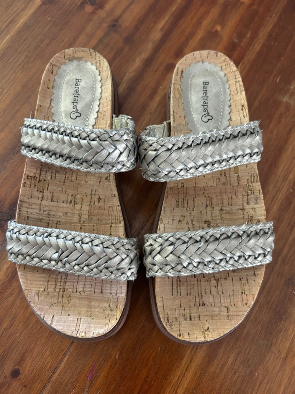 BareTraps Braided Metallic Silver Cork Slide Sandals